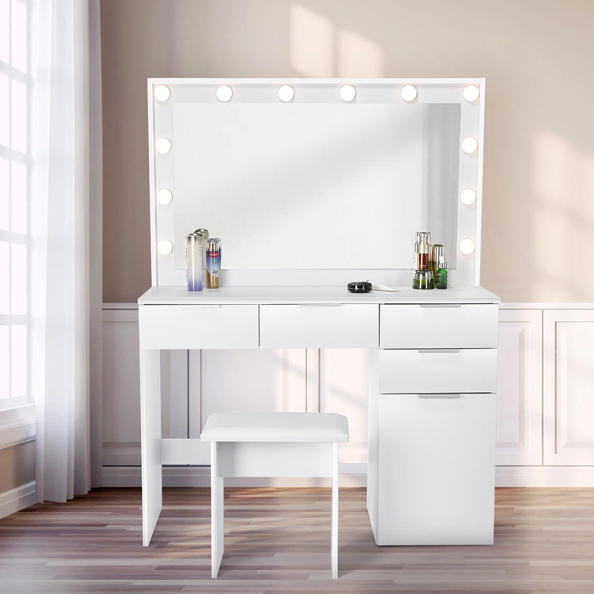 Schminktisch mit LED Beleuchtung und Hocker Frisiertisch mit Großer Spiegel,5 Schubladen und Geschlossener Stauraum Modern Schlafzimmer Make up Schreibtisch Weiß