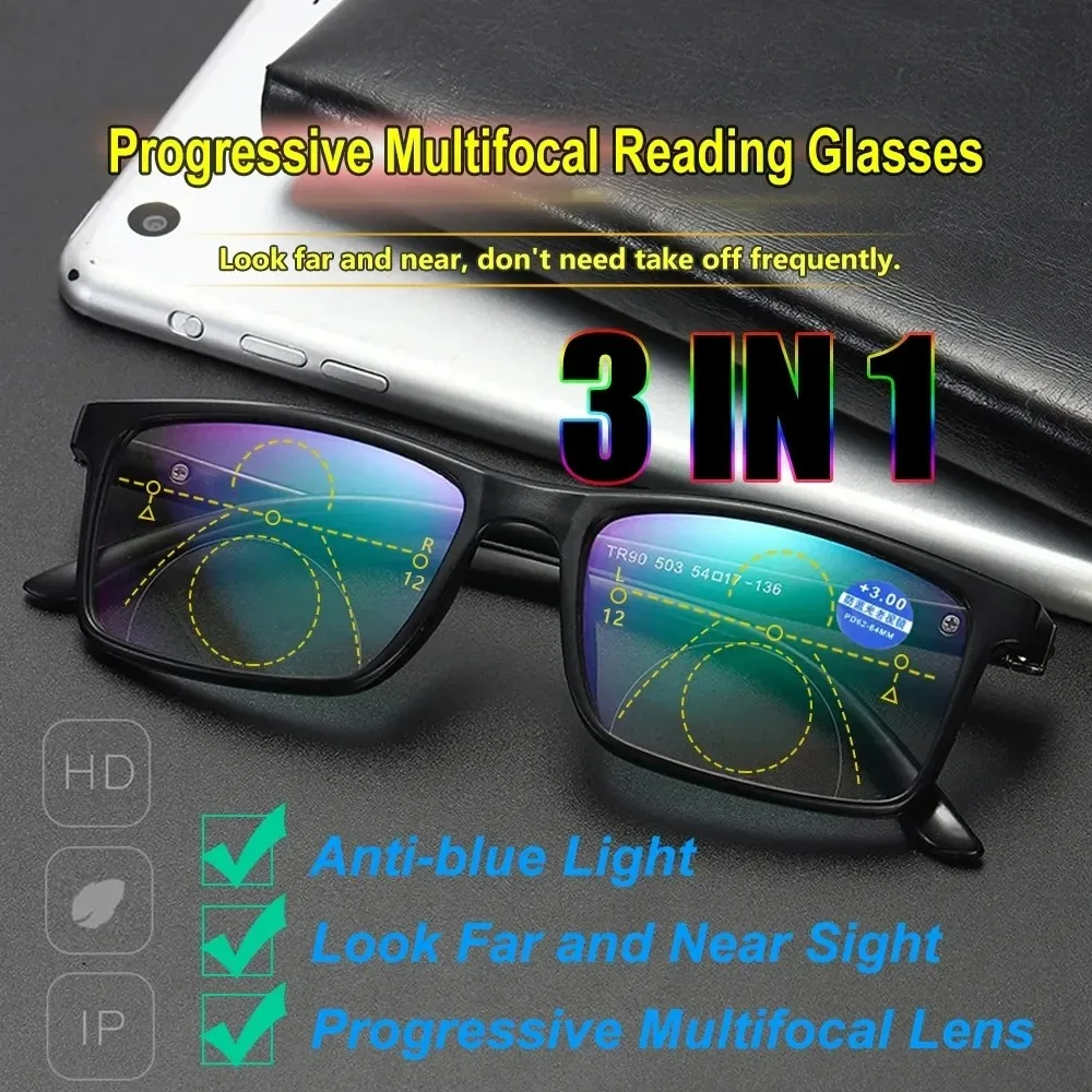 Bifokale Linsen Progressive Multifokus-Lesebrille für Männer 2023, Anti-Blaulicht, Nah-Fern-Lesebrille, Metall-Gafas Image