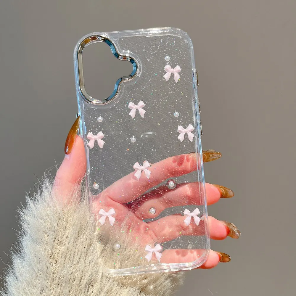 Corea Cute Pink Bow Beads Glitter Clear Phone Case per iPhone 16 11 12 13 14 Pro Max 15 Plus Cover antiurto in TPU trasparente