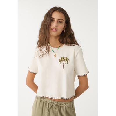Stradivarius Cropped T-shirt with embroidered palm tree Ecru S