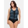 Badeanzug SHEEGO "Große Größen", Damen, Gr. 48, Cup C, schwarz (schwarz bedruckt), Polyamid, Xtra Life LYCRA, bedruckt, Badeanzüge, mit Pünktchen-Alloverprint