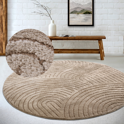 Designteppich ELLE DECORATION "Cosy Panglao, auch als Rundteppich erhältlich", grau (taupe), H:14mm Ø:200cm, Polyester, Polypropylen (PP), Teppiche, uni Kurzflor, Hoch Tief Struktur, modern, Skandi, Boho, Wohnzimmer Image