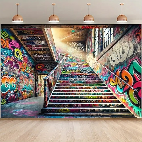 Graffiti Gebäude Treppen Hängender Wandteppich Wandkunst Großer Wandteppich Wandmalerei Dekor Fotograf Hintergrund Decke Vorhang Zuhause Schlafzimmer Wohnzimmer Dekoration Image