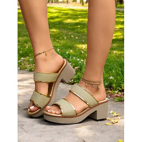 Damen-Sandalen zum Hineinschlüpfen mit klobigem Absatz – elegante violette Pantoletten mit offener Spitze und Goldbesatz, stylisches Sommerschuhwerk für Partys und die Freizeit Image