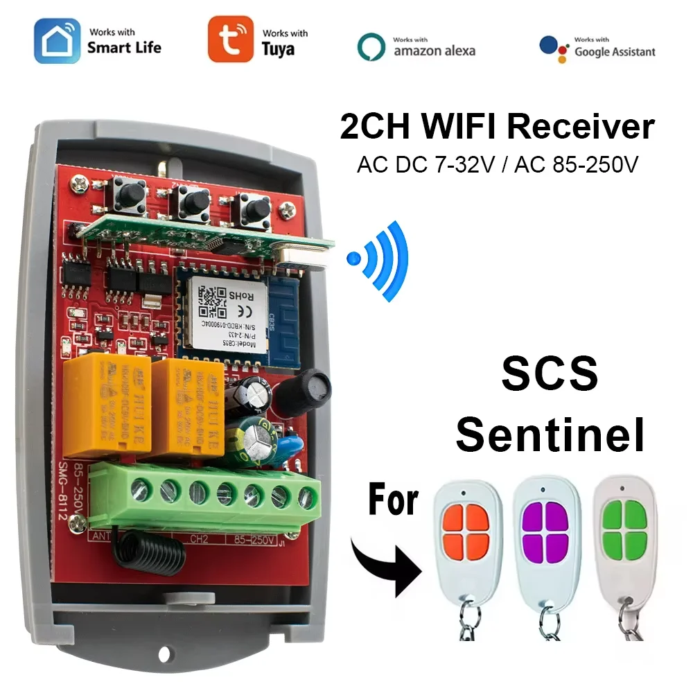 2CH Tuya WIFI SCS SENTINEL Gate Control Garage Receiver 433mhz Universal Rolling Code Sender Türöffner 12V 24V 220V Image