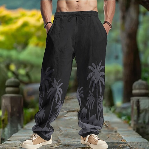 Herren Leinenhosen Hose Sommerhose Baggy-Hosen Kordelzug Elastischer Bund Gerader Schnitt Kokospalme Komfort Atmungsaktiv Volle Länge Yoga Täglich Laufen Mode Retro Vintage Schwarz Weiß Image