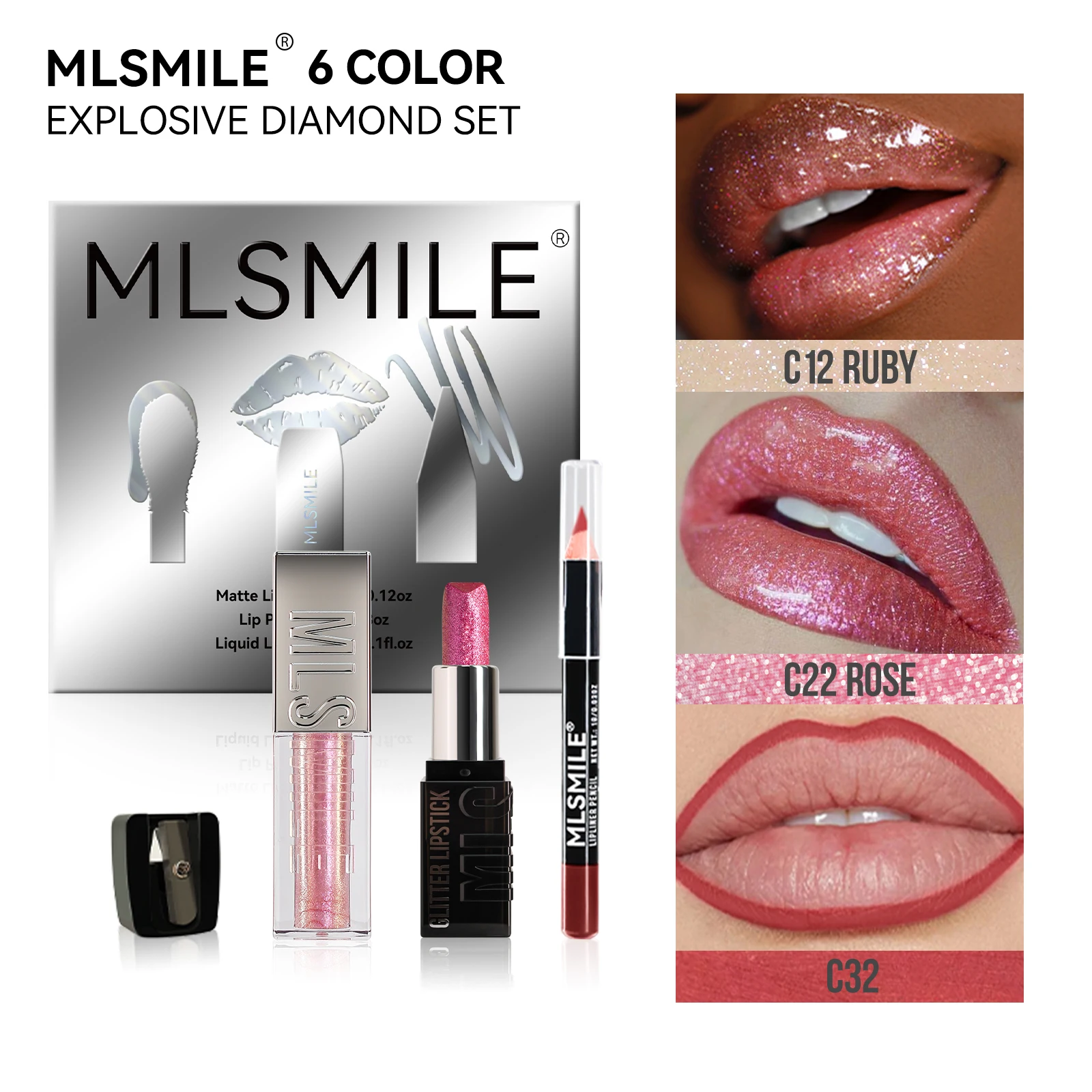 MLSMILE Multi-Combination Burst Lip Kit Fine Glitter Lipstick Lip Glaze + Lip Liner Combo Free Roller Pencil Image