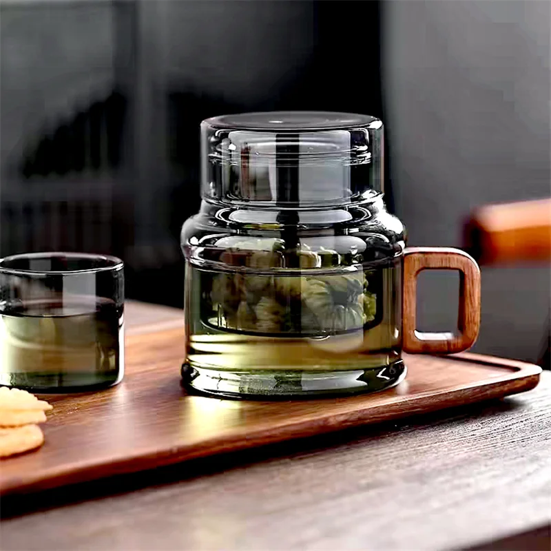 400 ml wiederverwendbare, hitzebeständige Glas-Teetasse mit Teesieb, Filter und Holzgriff, Büro-Teetrennbecher, Blumen-Teebecher