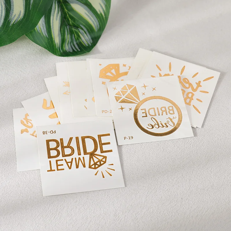 10 stücke Braut Zu Werden Wasserdicht Goldene Tattoo Aufkleber Bachelorette Party Krone Ring Gold Folie Temporäre Tattoos Braut Dusche zugunsten Image
