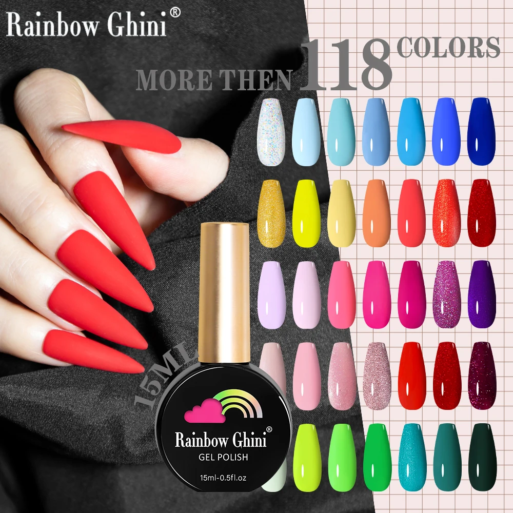 Rainbow Ghini 118 Farben 15 ml Neon-Gel-Nagellack, solide, langlebige Pailletten, semi-permanente Nagelkunstzubehör für Profis Image