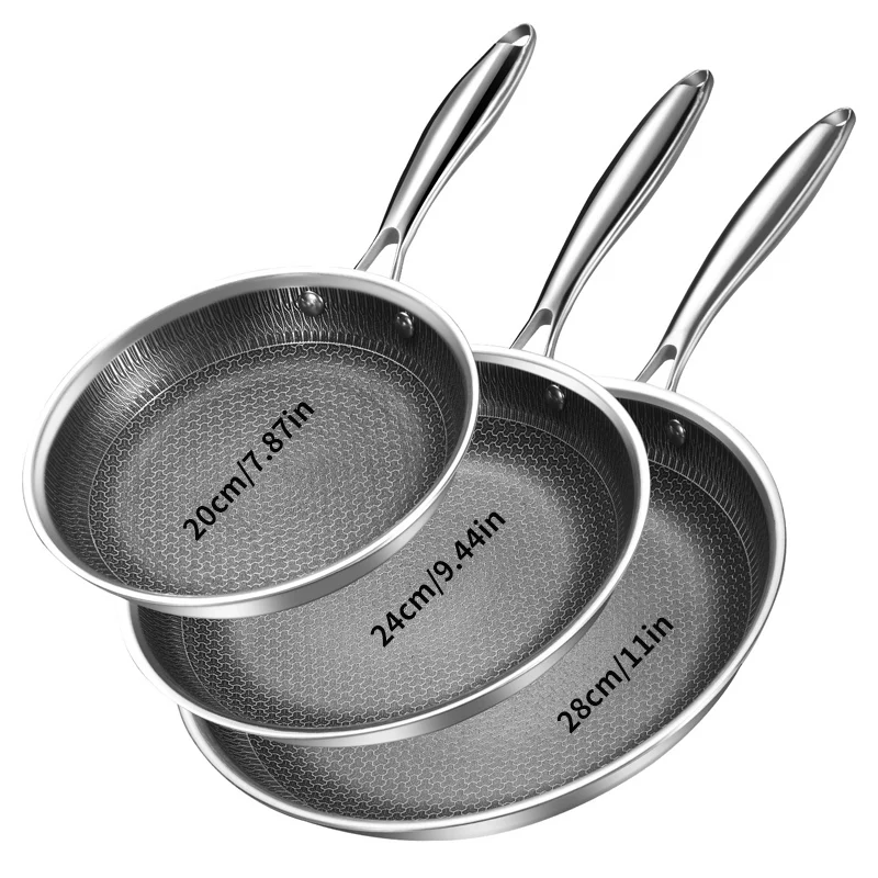 3-teiliges Set aus 304 Edelstahl-Bratpfanne, Haushalts-Bratpfanne, mehrere Größen, 20 cm, 24 cm, 28 cm, antihaftbeschichtete Bratpfanne, Gasinduktionsherd, universelle