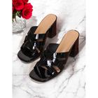 Women's Patent Leather Block Heel Sandals - Black Glossy Open-Toe Mules with Crisscross Straps, Chic Evening Office Shoes