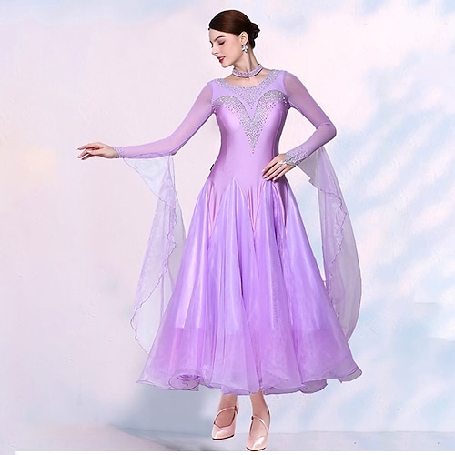 Gesellschaftstanz Kleid Spleißen Kristalle / Strasssteine Tüll Damen Leistung Party Langarm Netzstoff Spandex Kunst-Seide Image