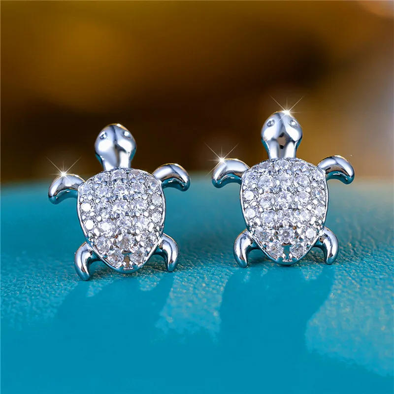 Niedliche weibliche Kristall weiß Zirkon Stein Schildkröte Ohr stecker Vintage Silber Farbe Hochzeits schmuck für Frauen Image