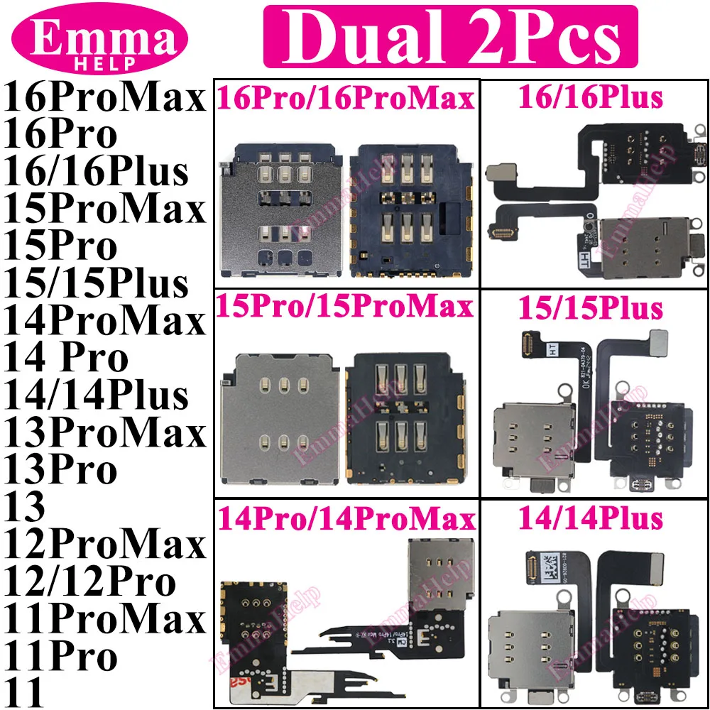 2Pcs SIM-Kartenleser Für iPhone 11 13 Pro Max 14 15 16 Plus 12 Mini XR Dual SIM Karte Slot buchse Innen Adapter Mit Flex Kabel Image