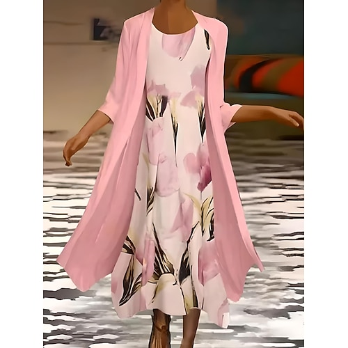 Damen Maxikleid Sommerkleid Urlaub Lässig Cocktail Hochzeitsgast Geburtstag Täglich Normale Passform Ombre Blumen Dreiviertelarm Rundhalsausschnitt Rosa Sommer Frühling Image
