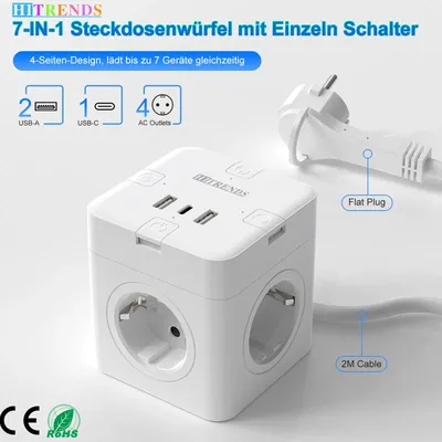 Eu Multi-Plug-Desktop-Steckdosenleiste mit 2 USB-A und 1 USB-C-Smart-Ladeanschlüssen, 4 unabhängige schaltende 2 Meter langen Verlängerungskabeln
