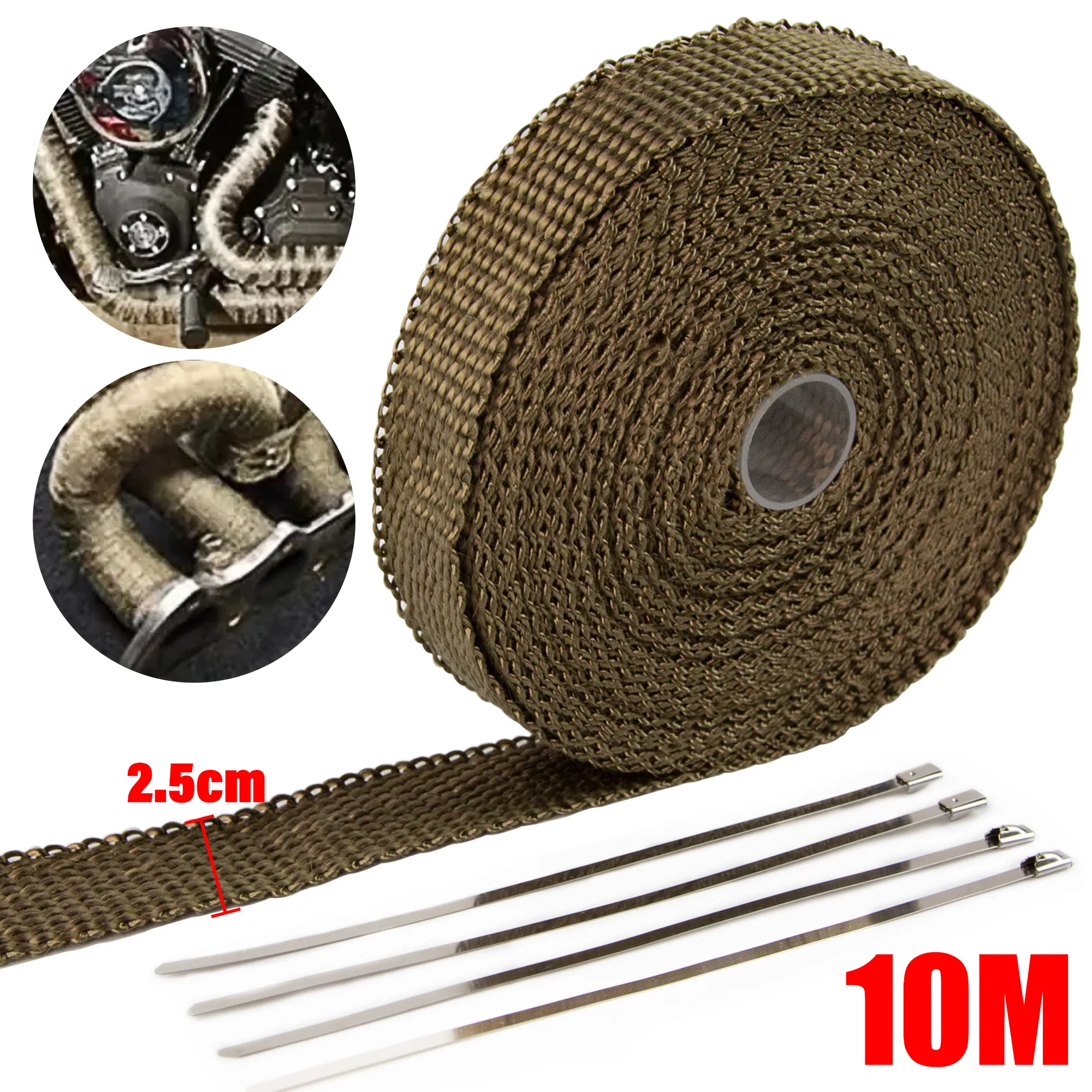 2,5 CM * 10 M Auspuffrohr Isolierung Thermische Wärme Wrap Rolle Baumwolle Banane Tuch Motorrad Fiberglas Hitzeschild Band Image