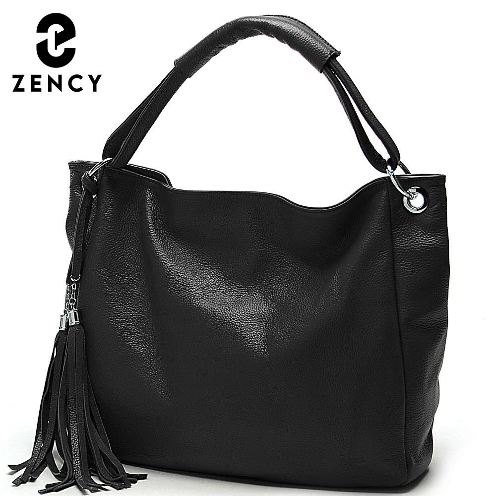 Zency 100 % weiche Damenhandtasche aus echtem Leder mit Quaste, schwarze Umhängetasche, große Tragetasche für A4-Bücher, Umhängetasche, Vintage-Stil
