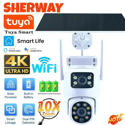 Tuya Solar Camera WiFi Outdoor 10MP Dual Lens 4K Wireless Dual Screen PTZ Security Camera Low Power
