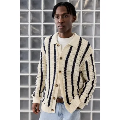 Loom Ecru Navy Knitted Cardigan - Cream L at Urban Outfitters