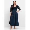 Abendkleid SHEEGO "Große Größen", Damen, Gr. 52, Normalgrößen, blau (nachtblau), Obermaterial: 95% Polyester, 5% Elasthan;Spitze: 100% Polyamid, unifarben, elegant, figurumspielend lang, V-Ausschnitt, 3/4-Ärmel, Kleider, mit Oberteil aus floraler...