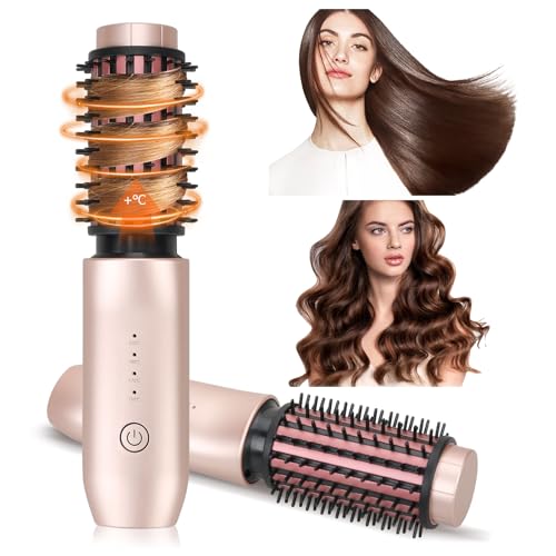 Hot Brushes for Hair Styling, Cordless Hair Curler and Straightener Brush, 7000mAh USB Rechargeable 43MM Heated Hair Brush, Portable 3 in 1 Thermal Brush with 4 Temperature for Travel, Home (Gold)