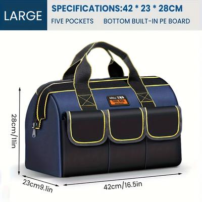 "TEMU Airaj Blue Tool Bag With Hard/soft Bottom - , Waterproof & Storage For Tools, Multiple Sizes (12", 13", 16.5", 18"), Large Capacity, Linen Material, Yellow Accents, Suitable For" Image
