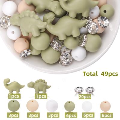 TEMU 49pcs Silicone Dinosaur Beads Set, 12/15mm Round Beads With Rhinestones, Assorted Colors, For Jewelry Making Diy, Keychain, Necklace, Bracelet Decorations Image