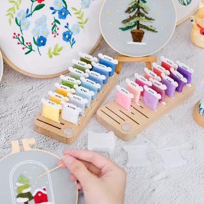 TEMU 1pc Hand U Journey Wood Embroidery Floss Organizer With 15 Slots, Includes 20 Plastic Bobbins - Light Brown Wooden Needlework Thread Holder, Durable & Sturdy Design Image