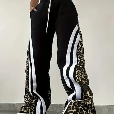 TEMU 1pc Women's Leopard Print Joggers, Casual Knit Polyester Straight Leg Sweatpants, Fit Pants For Adult Image