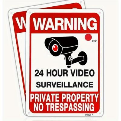 TEMU 2pcs No Trespassing Signs Private Property, Metal 24 Hour Video Surveillance Signs For Home And Outdoor, Aluminum 7*10 Inchs, Warning Signs For Property, Security Camera Sign For Yard And Home