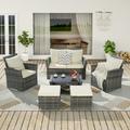 6 Pieces Outdoor Patio Furniture Set Wicker Sectional Sofa Set with Ottomans and Glass Coffee Table Waterproof Patio Conversation Sets with Cushions for Garden Porch Beige