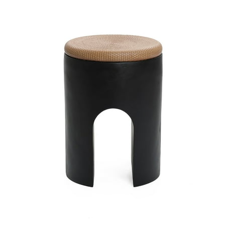 LuxenHome Outdoor Accent Side Table 18 Black with Natural Rattan Finish Cement Patio End Table U-Shaped Base Plant Stand for Patio Backyard Outdoor Furniture for Lawn Balcony Porch