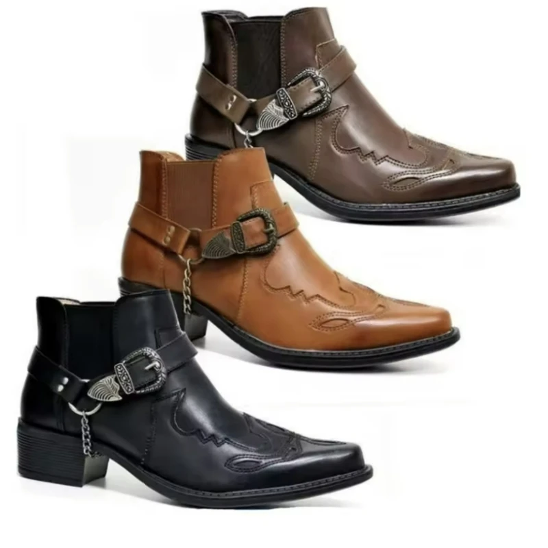Handgemachte Herrenstiefel Vintage Cowboystiefel Leder High Top Freizeitschuhe Schnallenriemen Punk Schuhe Spitzschuh Herren Motorradstiefel