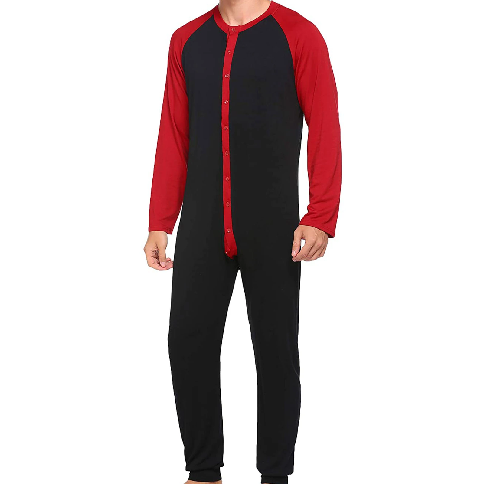 Herren-Pyjama mit Knopfleiste, langärmelig, Rundhalsausschnitt, Farbblock-Overall, Nachtwäsche für Erwachsene Image