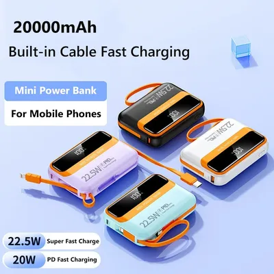 Mini Power Bank 20000 mAh 22,5 W Schnellladung Eingebaute Kabel Powerbank Externes Ladegerät für iPhone Samsung Huawei Xiaomi