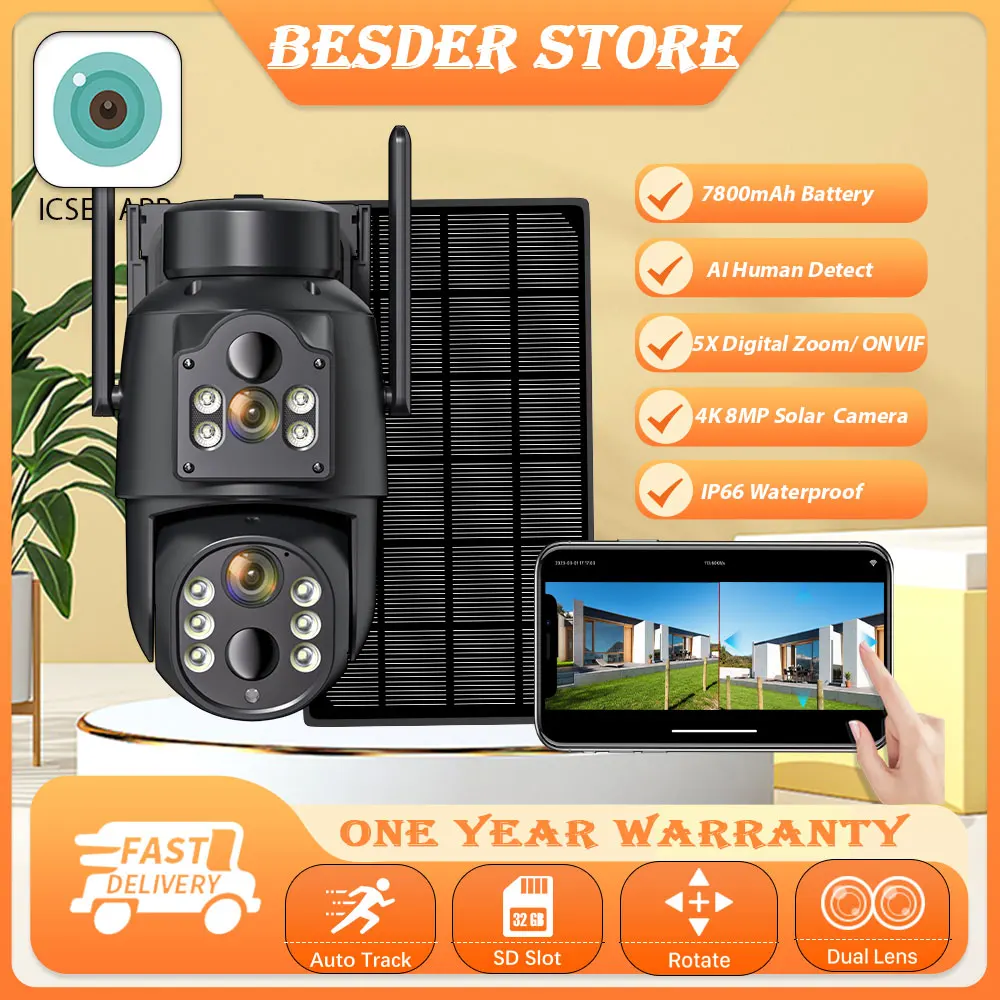 WiFi-Kamera PTZ für den Außenbereich, 4K, 8 MP, IP-Solarstrom, 7800 mAh, eingebauter Akku, IP66, wasserdichte Überwachungskamera, PIR-Menschenerkennung Image