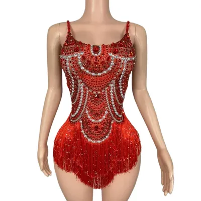 Sparkly Pailletten Fransen Strass Body Frauen Sexy Leistung Tanz Kostüm Nachtclub Show Outfit Sänger Tänzer Bühne Tragen Image