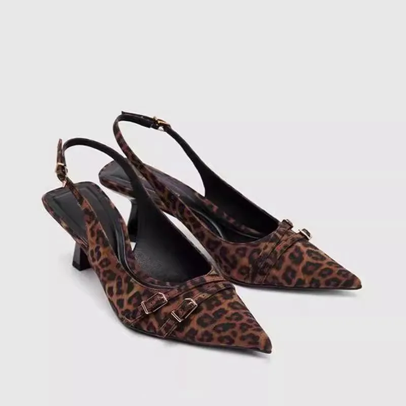 Leopard High Heels Ladies Pointed Toe Slingback Sandals Summer Plus Size Women Comfort Low Heel Office Pumps Elegant Dress Shoes