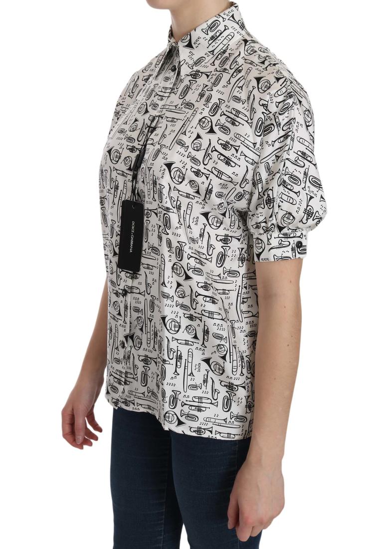 Dolce & Gabbana Damen Bluse mit musikalischem Motiv und Kragen in Weiß Image