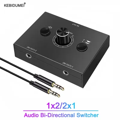 3.5mm Stereo Audio Switch 2x1/1x2 Bi-Directional Switcher with Mute Button Support Computer Monitor