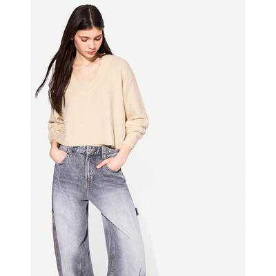 Bershka Cropped V-Neck Sweater Women L Sand