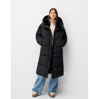 Bershka Long Puffer Coat With Hood Women L Black