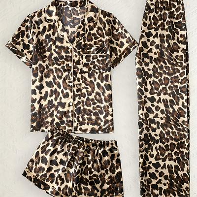 TEMU Women's Mature Leopard Print Satin Pajama Set, Short Sleeve Button- Collar Top With Shorts And Pants, Comfortable Loose Fit Image