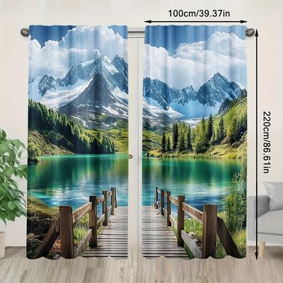 TEMU 2pcs Modern Semi-sheer Polyester Curtains, Mountain And Lake Landscape Print, Rod For Bedroom, Living Room, Kitchen, Bathroom - Machine Washable, Woven Knit Weave, 90-100gsm Image
