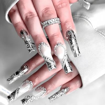 TEMU 24pcs Of Long Square Black And White Press-on Nails With 3d Heart-shaped Rhinestones. Image