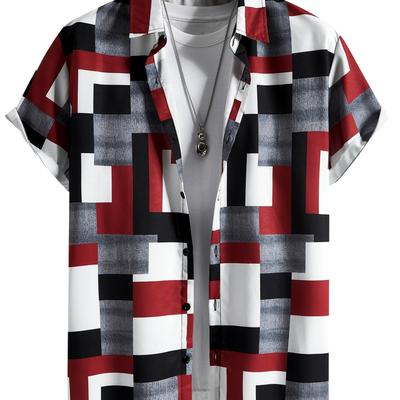 TEMU Men's Color Geometric Pattern Print Short Sleeve Lapel Shirt Top, Casual Button Up Shirt For Summer And Vacation Resorts Image