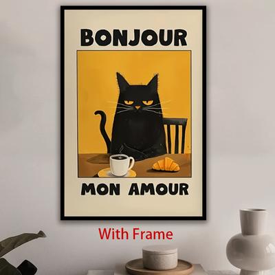 "TEMU 1pc Framed Canvas Art Print - Modern Black Cat Illustration With " Mon " Text, Yellow Background, Living Room, Dining Room, Office & Hallway Decor, Ideal Holiday Or Birthday Gift, Cat Decor" Image
