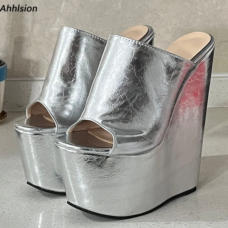 Ahhlsion handgemachte Frauen Sommer Sling back Sandalen Keile High Heels Peep Toe Silber Gold Party Schuhe Damen uns plus Größe 4-15